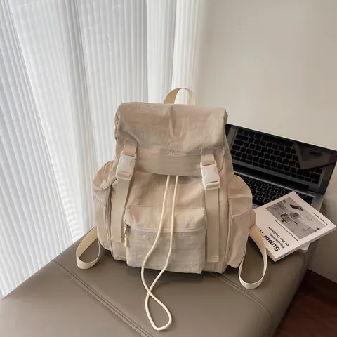 Sac à Dos Femme Style Coréen Grande Capacité Décontracté Nylon Cartable Voyage Daypack Avec Boucle à Cordon Pour Étudiants