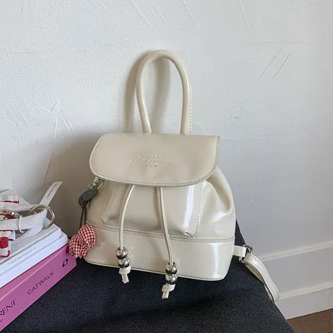 Retro College Style PU Leather Mini Backpack For Women Glossy Drawstring Bucket Bag With Cherry Charm Small Fashion Bag