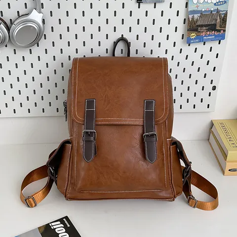 Vintage PU Leather Backpack For Women Men Retro British Style Laptop Bag Large Capacity School Rucksack With Contrast Stitching