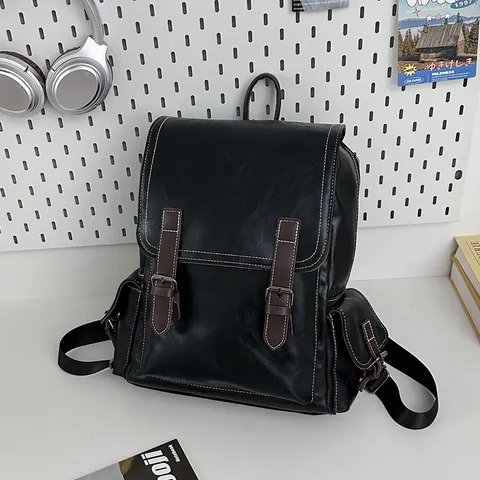 Vintage PU Leather Backpack For Women Men Retro British Style Laptop Bag Large Capacity School Rucksack With Contrast Stitching