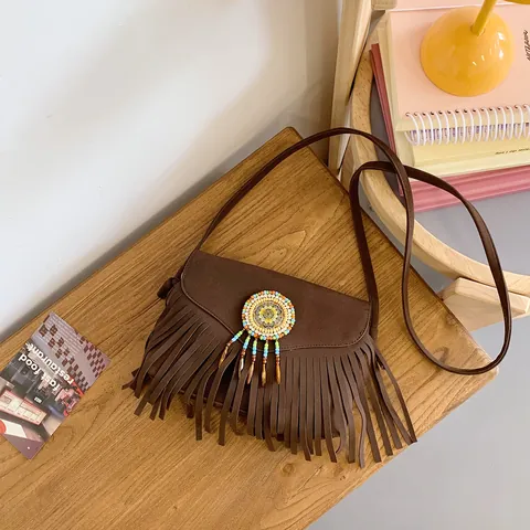 Sac Bandoulière Bohème en Suédine pour Femmes Vintage Ethnique Perles Colorées Sac à Franges Artistique Sac à Main Quotidien