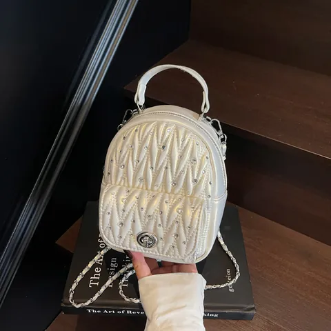 Women Mini Backpack PU Leather Matelassé Quilted Rhinestone Fashion Small Bag Chain Strap Crossbody Bag Casual Daypack