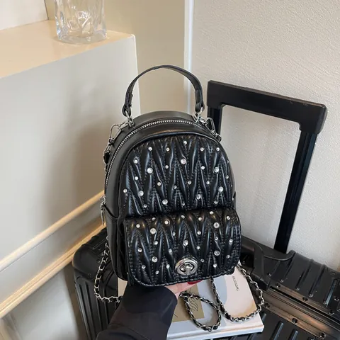 Women Mini Backpack PU Leather Matelassé Quilted Rhinestone Fashion Small Bag Chain Strap Crossbody Bag Casual Daypack