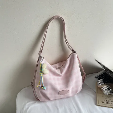 Women Checkered Plaid Shoulder Bag Large Capacity Fabric Tote Bag Casual Underarm Bag With Plush Moon Pendant Crossbody Bag