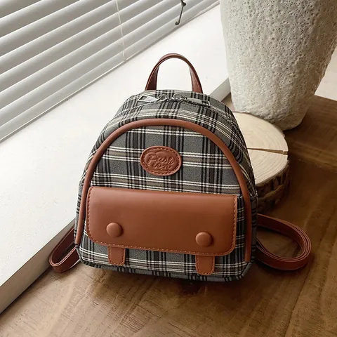 Women's Vintage Mini Plaid Backpack Fashion Canvas PU Leather Splicing Small Travel Bag For Ladies Preppy Style School Bag