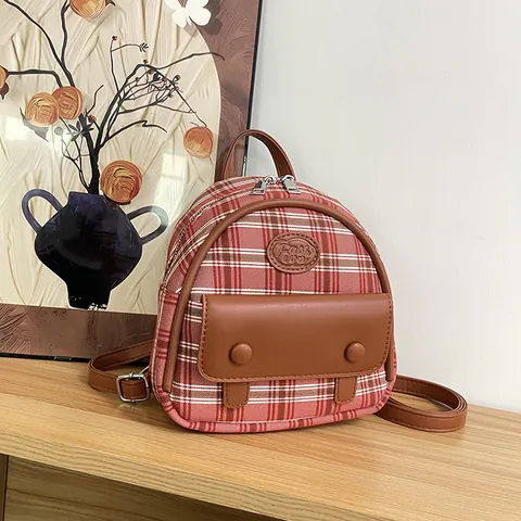 Women's Vintage Mini Plaid Backpack Fashion Canvas PU Leather Splicing Small Travel Bag For Ladies Preppy Style School Bag