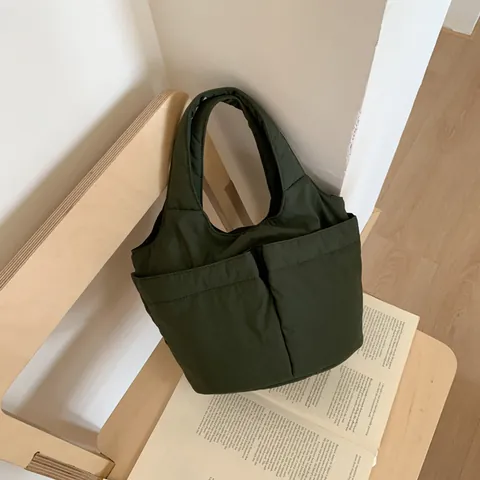 Damen Casual Gesteppte Nylon Eimertasche Leichtgewicht Mehrfachtaschen Handtasche Minimalistische Schultertasche Einfarbig Alltagstasche