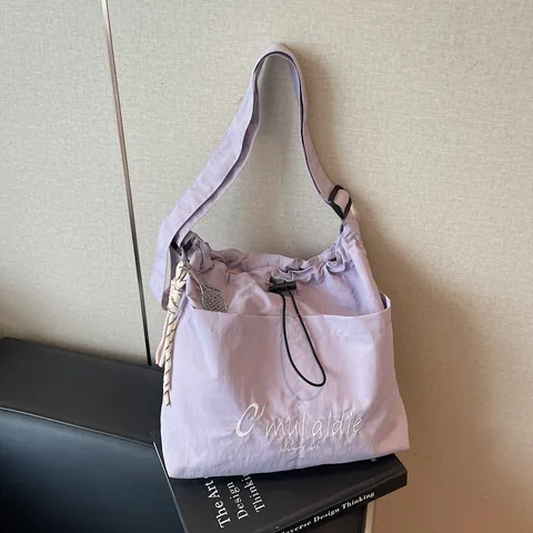 Women Casual Nylon Tote Bag Large Capacity Embroidery Drawstring Shoulder Crossbody Bag For Daily Commute Office School