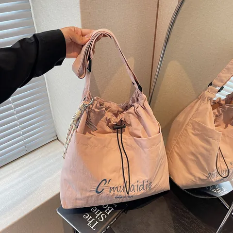 Women Casual Nylon Tote Bag Large Capacity Embroidery Drawstring Shoulder Crossbody Bag For Daily Commute Office School