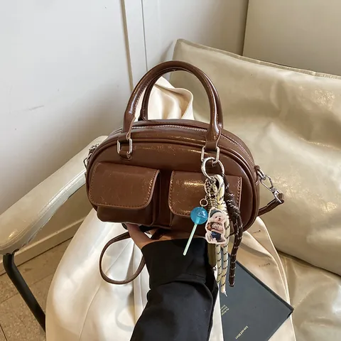 Women Glossy PU Leather Boston Bowling Handbag Chic Shoulder Crossbody Bag With Double Front Pockets Decorative Pendant