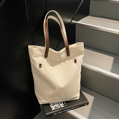 Bolso Tote de Lona Minimalista de Gran Capacidad para Mujer Bolso de Hombro Casual de Color Sólido Con Bolsillo Delantero