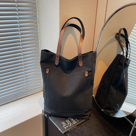Bolso Tote de Lona Minimalista de Gran Capacidad para Mujer Bolso de Hombro Casual de Color Sólido Con Bolsillo Delantero