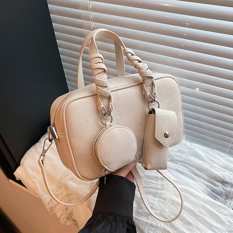 Women Boston Bowling Bag Litchi Grain PU Leather Crossbody Bag With Removable Strap Woven Handle Retro Urban Shoulder Bag Handbag Mini Round Pouch Rectangular Pouch