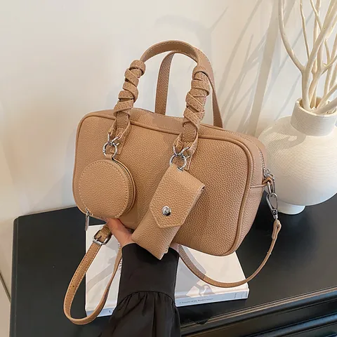 Women Boston Bowling Bag Litchi Grain PU Leather Crossbody Bag With Removable Strap Woven Handle Retro Urban Shoulder Bag Handbag Mini Round Pouch Rectangular Pouch