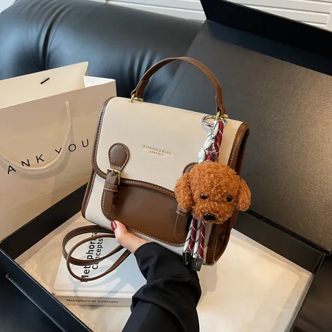 Women's Retro PU Leather Patchwork Shoulder Bag With Teddy Dog Charm Korean Style Casual Crossbody Handbag Student Backpack