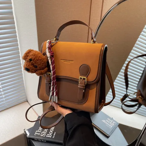 Women's Retro PU Leather Patchwork Shoulder Bag With Teddy Dog Charm Korean Style Casual Crossbody Handbag Student Backpack