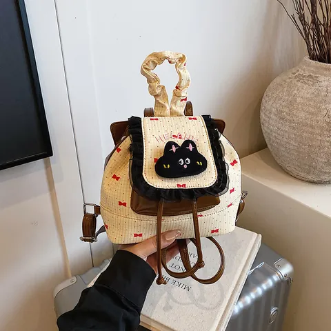 Women Kawaii Mini Backpack Bowknot Print Drawstring Bag With Lace Edge And Cat Embroidery Small PU Leather Travel Rucksack