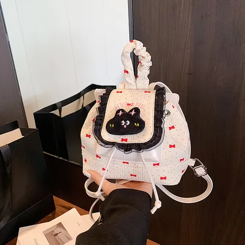 Women Kawaii Mini Backpack Bowknot Print Drawstring Bag With Lace Edge And Cat Embroidery Small PU Leather Travel Rucksack