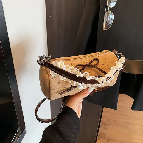 Vintage Polka Dot Cylinder Crossbody Bag For Women With Lace Trim Handle And Bow Sweet PU Suede Shoulder Handbag