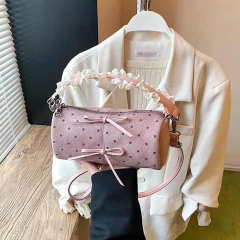 Vintage Polka Dot Cylinder Crossbody Bag For Women With Lace Trim Handle And Bow Sweet PU Suede Shoulder Handbag