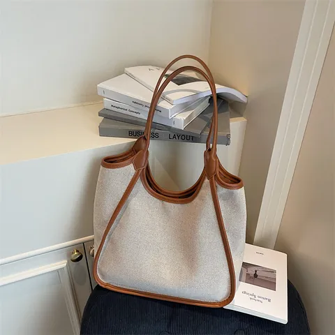 Damen Große Kapazität Segeltuch Tragetasche Minimalistisch Kontrast PU Leder Besatz Schultertasche Mode Lässig Pendler Handtasche