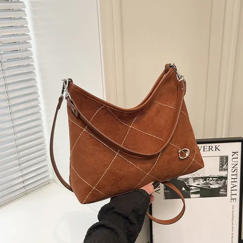 Women's Vintage Suede Quilted Shoulder Bag Rhombic Stitching Underarm Crossbody Bag Fashion Large Capacity Handbag Gift