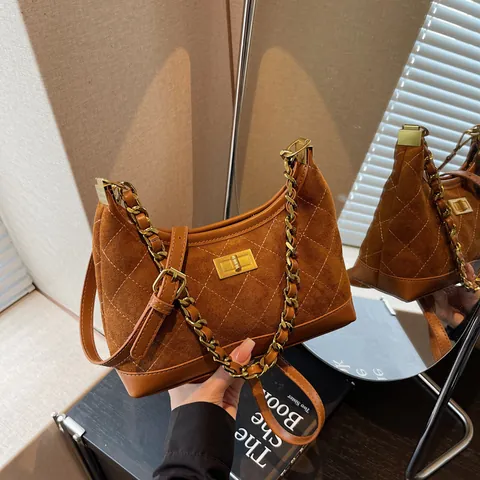 Bolso de Hombro Vintage Acolchado de Diamantes Mujer Gamuza Sintética Cuero PU Cadena Bolso Axila Bandoulière Cierre Giro