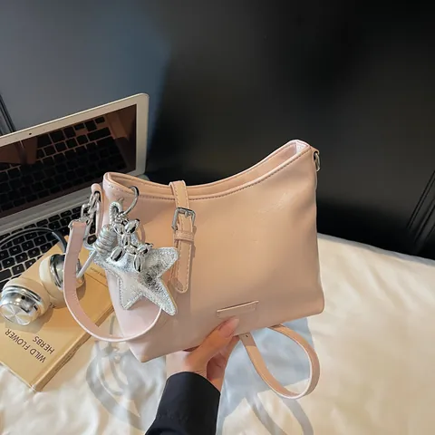 Women PU Leather Hobo Shoulder Bag Vintage Minimalist Suede Crossbody Bag With Silver Star Charm Elegant Underarm Tote
