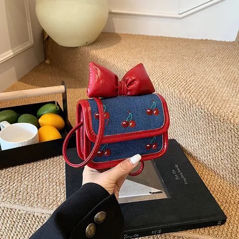 Women Mini Denim Crossbody Bag Cherry Embroidery Bow Decor Square Shoulder Bag For Girls Small Coin Purse Handbag