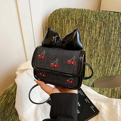 Women Mini Denim Crossbody Bag Cherry Embroidery Bow Decor Square Shoulder Bag For Girls Small Coin Purse Handbag