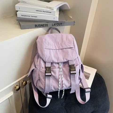 Women Fashion Wrinkled Nylon Backpack Large Capacity Student School Bag Outdoor Travel Yoga Sports Bag Drawstring Buckle
