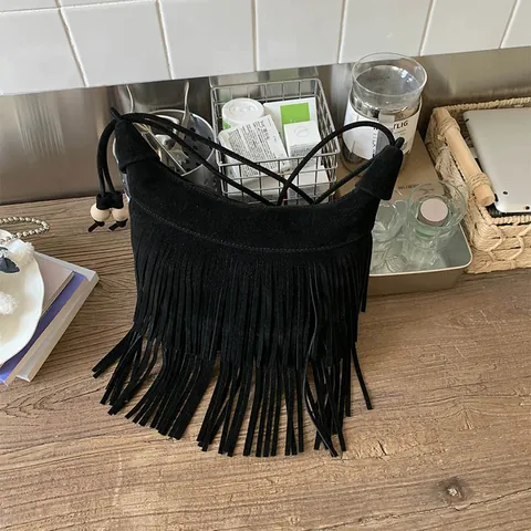 Böhmisch Wildleder PU Fransen Schultertasche Für Damen Vintage Halbmond Umhängetasche Mit Holzperlen Lässige Hobo Tasche