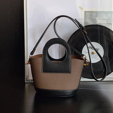 Vintage Canvas En Synthetisch Leer Contrastkleur Bucket Bag Voor Vrouwen Retro Rond Handvat Schoudertas Met Houten Kralen Hanger