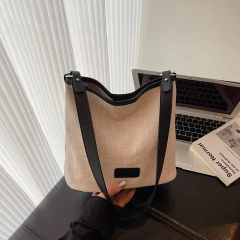 Borsa a Secchiello in Tela Minimalista da Donna Con Bordo in Pelle PU a Contrasto Borsa a Tracolla Leggera per Pendolarismo