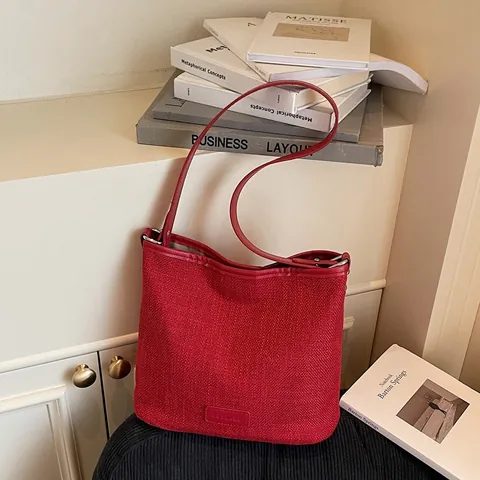Borsa a Secchiello in Tela Minimalista da Donna Con Bordo in Pelle PU a Contrasto Borsa a Tracolla Leggera per Pendolarismo