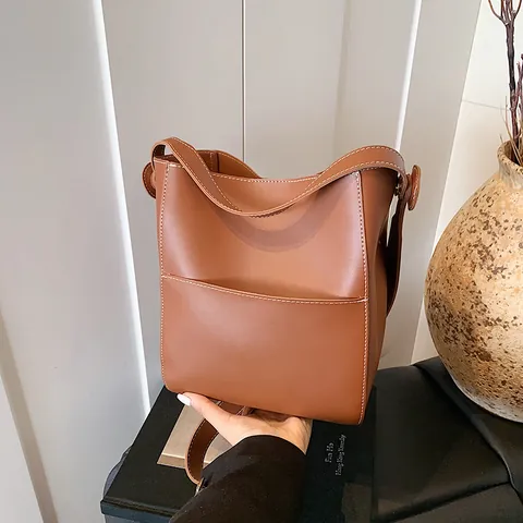 Borsa a Secchiello in Pelle PU Minimalista Coreana per Donna Cuciture a Contrasto Grande Capacità Borsa a Tracolla Singola