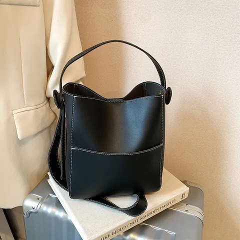 Borsa a Secchiello in Pelle PU Minimalista Coreana per Donna Cuciture a Contrasto Grande Capacità Borsa a Tracolla Singola