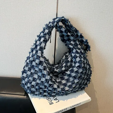 Sac Hobo en Denim à Damier Vintage pour Femmes avec Bords Effilochés Sac à Bandoulière de Grande Capacité Casual Streetwear Tote Bag