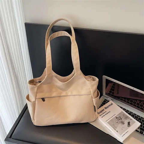 Borsa Tote da Donna in Tela Casual Grande Capacità Tendenza Street Borsa a Spalla Multi Tasche per Lavoro Quotidiano Viaggi Scuola