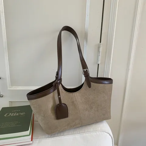 Vintage Large Capacity Tote Bag For Women Retro Faux Suede PU Leather Shoulder Bag Casual Commute Underarm Bag With Adjustable Strap