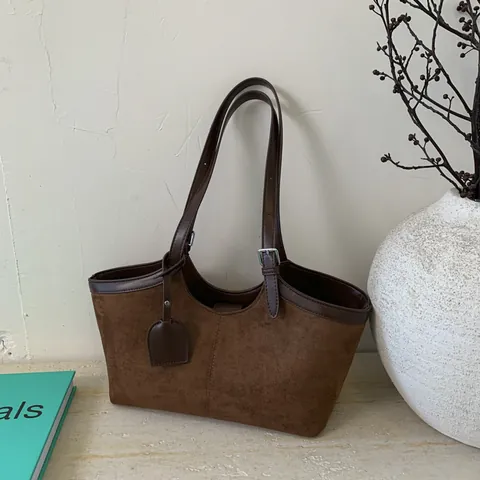 Vintage Large Capacity Tote Bag For Women Retro Faux Suede PU Leather Shoulder Bag Casual Commute Underarm Bag With Adjustable Strap