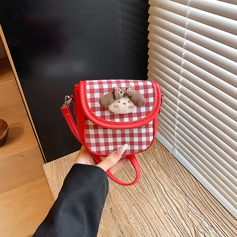 Japanese Sweet Cartoon Puppy Small Square Crossbody Bag For Women Girls Plaid Polka Dot Floral PU Cloth Mini Shoulder Bag