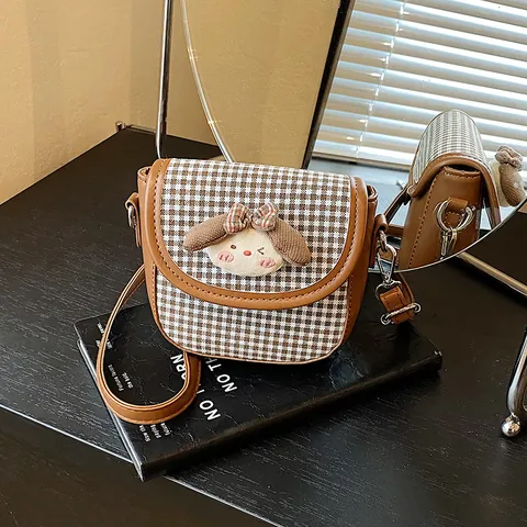 Japanese Sweet Cartoon Puppy Small Square Crossbody Bag For Women Girls Plaid Polka Dot Floral PU Cloth Mini Shoulder Bag