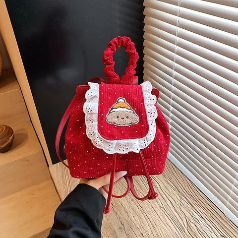 Women's Mini Corduroy Backpack Kawaii Polka Dot Lace Trim Cartoon Dog Embroidery Drawstring Small Rucksack For Girls Casual Fashion Bag