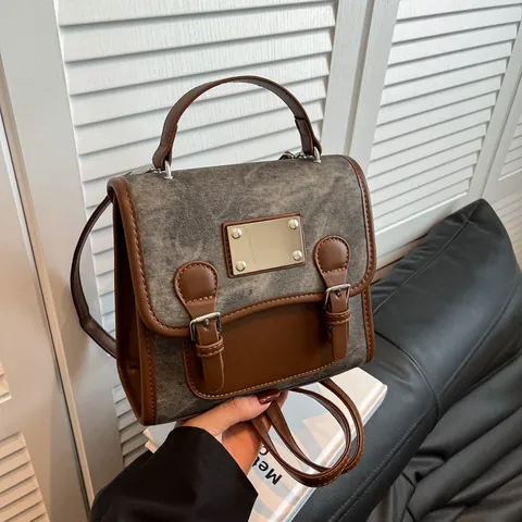 Retro Damen Spleiß-Rucksack Mode PU-Leder Leinwand Handtasche Multifunktionale Schultertasche Kleine Quadratische Reise Schultasche