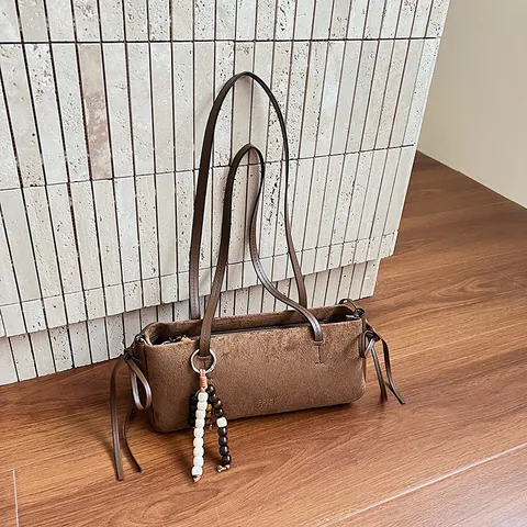 Women Faux Suede Underarm Shoulder Bag Vintage Large Capacity Baguette Bag With Wood Bead Charm Bowknot Zipper Handbag Commuter Tote