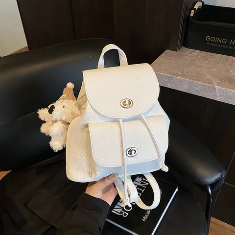 Women Vintage PU Leather Denim Backpack Retro School Bag Large Capacity Fashion Travel Bag With Cute Plush Bear Pendant