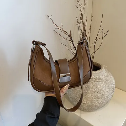 Retro Suede PU Leather Patchwork Underarm Bag For Women Vintage Contrast Color Hobo Shoulder Bag With Adjustable Strap Metal Buckle