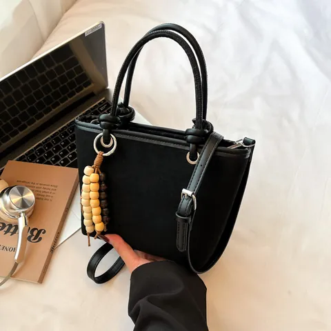 Vintage Leopard Print Suede Shoulder Bag For Women Fashion Small Bucket Tote Bag With Wood Bead Charm Daily Crossbody Bag