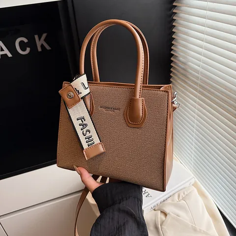 Women Fashion Woven Texture PU Leather Small Square Crossbody Bag With Ribbon Decoration Commuting Shoulder Tote Handbag